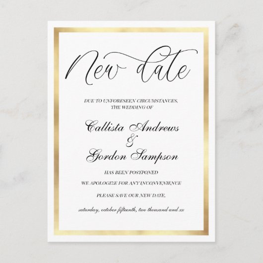 Nieuwe datum Witte Gouden Grens Uitgesteld Trouwen Aankondigingskaart (Voorkant)