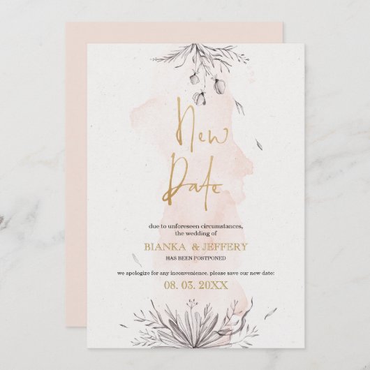 Nieuwe datum, zwarte en roze bloemen aankondiging (Voorkant / Achterkant)