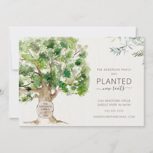 Nieuwe eikenboomstammen die aankondiging verplaats (Voorkant)