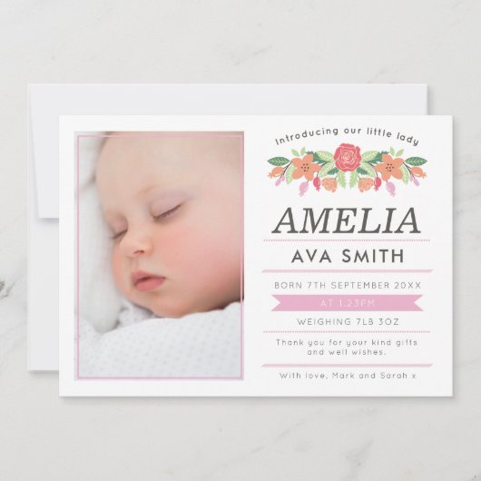 Nieuwe geboortekaart meisje/bedankkaart aankondiging (Voorkant)
