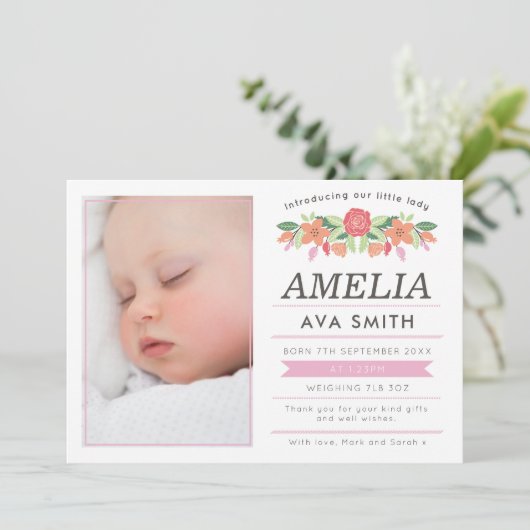 Nieuwe geboortekaart meisje/bedankkaart aankondiging (Staand voorkant)