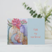 Nieuwe glazen flessen en peren in een bord water bedankkaart (Staand voorkant)