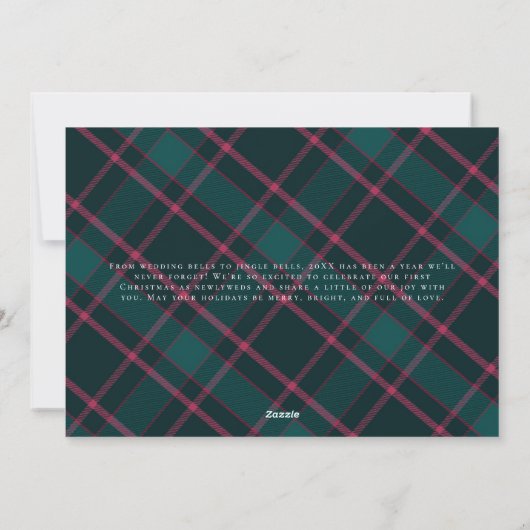 Nieuwe heer & mevrouw | Groene & Roze Tartan bruil Feestdagenkaart (Achterkant)