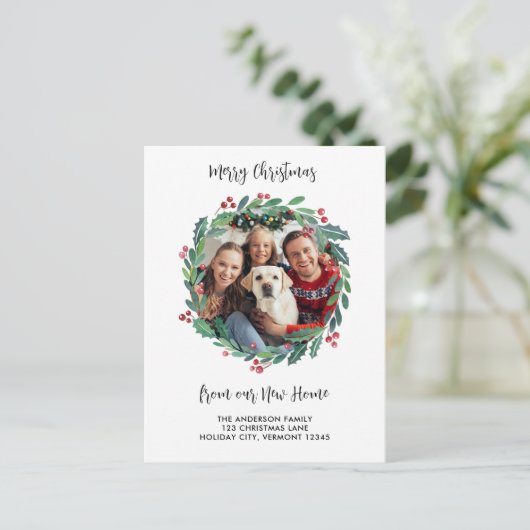 Nieuwe Home Foto Greenery Wreath Kerstmis Verhuize Feestdagenkaart (Staand voorkant)