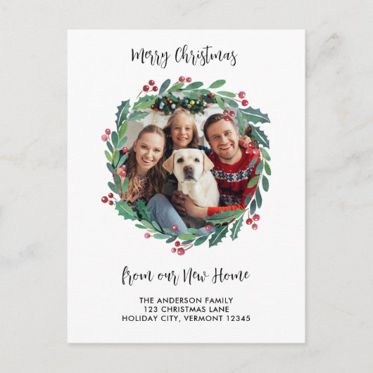 Nieuwe Home Foto Greenery Wreath Kerstmis Verhuize Feestdagenkaart (Voorkant)