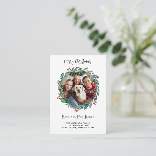 Nieuwe Home Foto Greenery Wreath Kerstmis Verhuize Informatiekaartje (Staand voorkant)