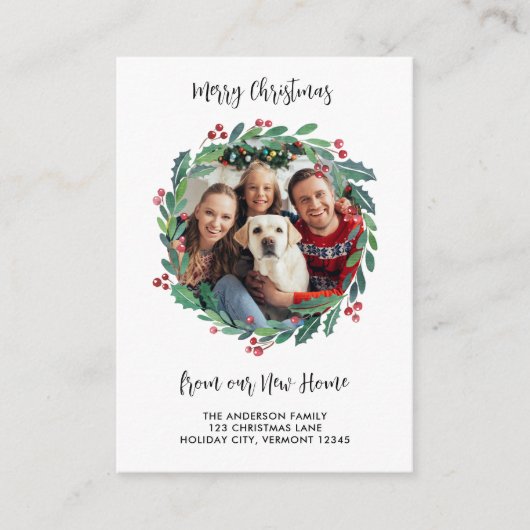 Nieuwe Home Foto Greenery Wreath Kerstmis Verhuize Informatiekaartje (Voorkant)