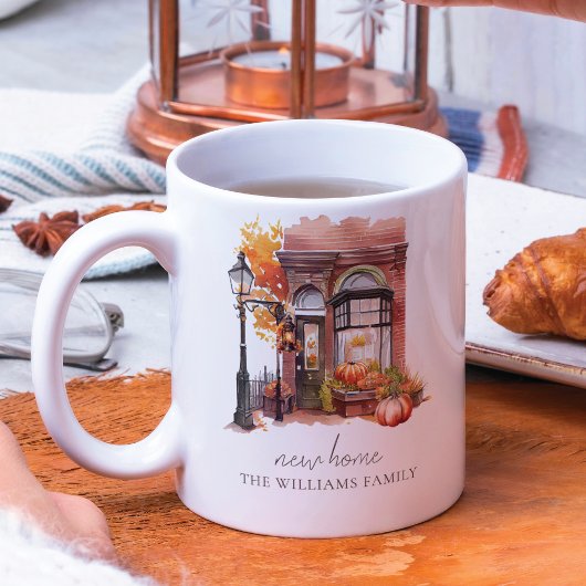 Nieuwe Home Herfst Voordeur Foto Koffiemok