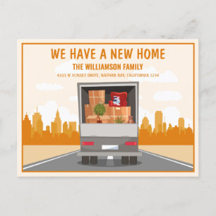 Nieuwe Home Vrachtwagen en Sinaasappel Cityscape B Aankondigingskaart
