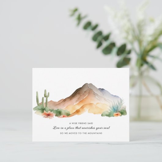 Nieuwe Home Waterverf Bergen Cactus Beweging Aankondigingskaart (Staand voorkant)