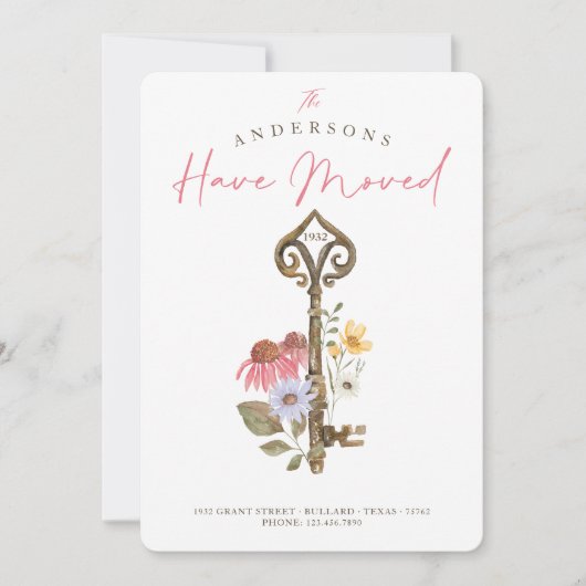 Nieuwe Home Waterverf Wilde bloem Floral  Sleutel Aankondiging (Voorkant)