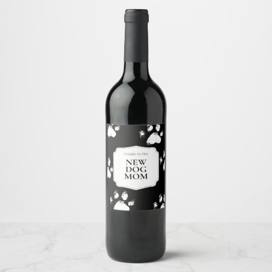 Nieuwe Hond Moeder Gift Modern Zwart Wit Paws Wijn Etiket (Voorkant)