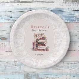 Nieuwe hoofdstuk oude boeken baby shower bleke blo papieren bordje