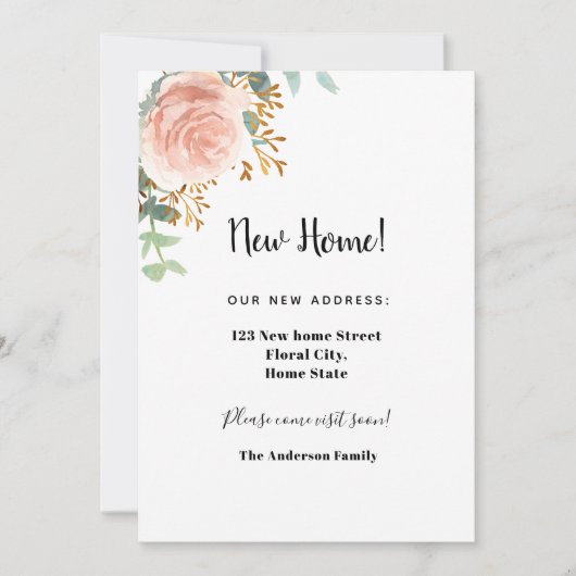 Nieuwe huisadres roos goudfloreucalyptus aankondiging (Voorkant)