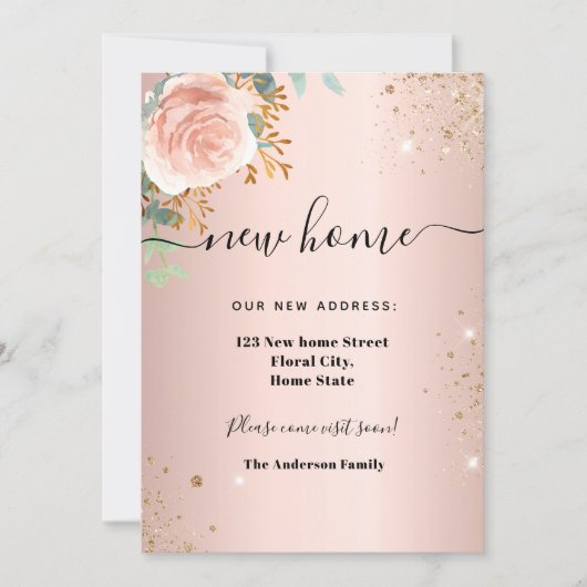 Nieuwe huisadres roos goudfloreucalyptus aankondiging (Voorkant)