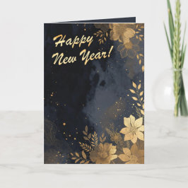Nieuwe Jaar Gouden Bloemen In Blauwe Streken Kaart