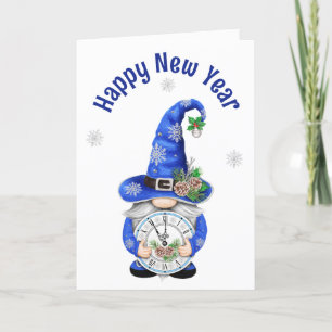 Nieuwe Jaars Blauwe Gnome met Klok Feestdagen Kaart