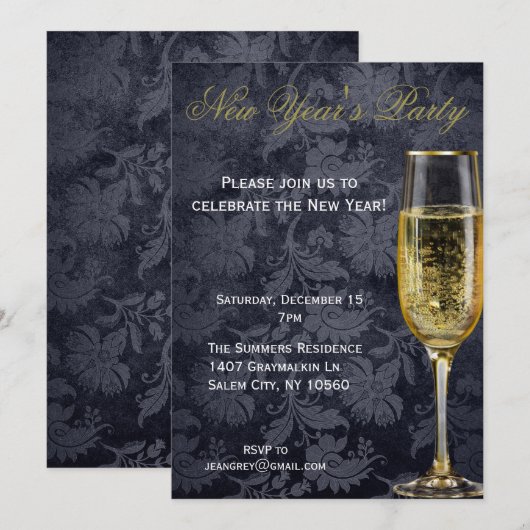 Nieuwe jaren Champagne Elegant Black Party Kaart (Voorkant / Achterkant)