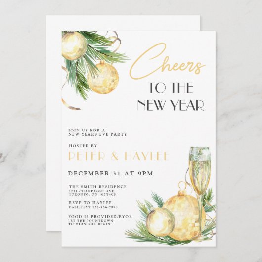 Nieuwe jaren Eve White en Gold Party nodiging uit Kaart (Voorkant / Achterkant)