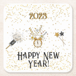 Nieuwe jaren klok, stramers, sterren, linten kartonnen onderzetters