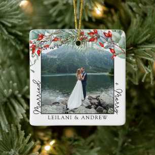 Nieuwe kerstfoto en Waterverf Holly Keramisch Ornament