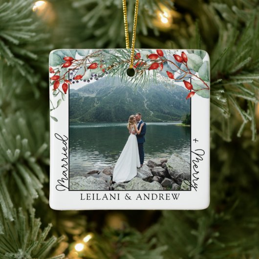 Nieuwe kerstfoto en Waterverf Holly Keramisch Ornament (Boom)