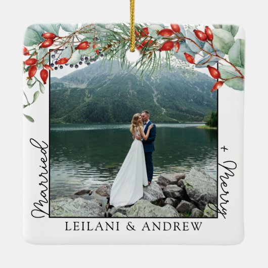 Nieuwe kerstfoto en Waterverf Holly Keramisch Ornament (Achterkant)
