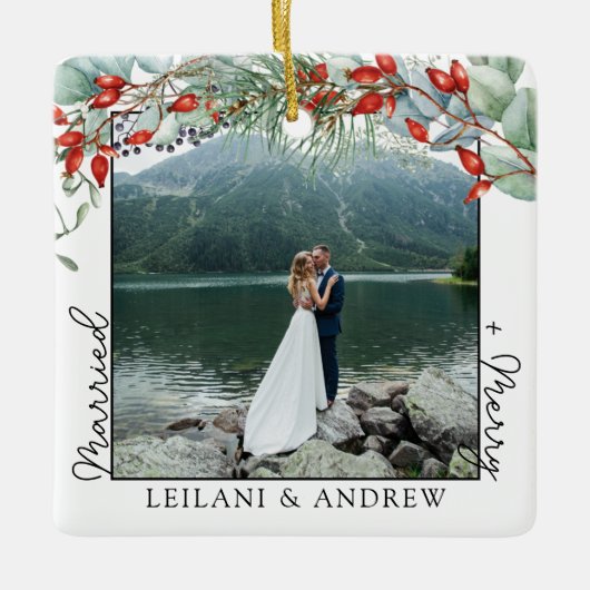 Nieuwe kerstfoto en Waterverf Holly Keramisch Ornament (Voorkant)