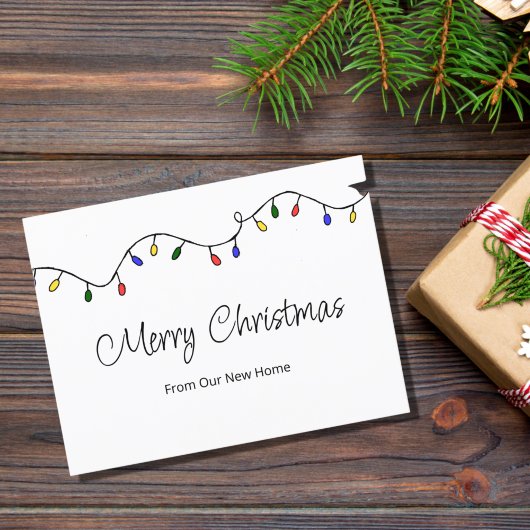 Nieuwe kerstverlichting voor thuisgebruik aankondigingskaart