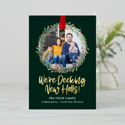 Nieuwe krans FOIL Kerstactie verhuisbericht Folie Feestdagenkaart (Staand Voorkant)