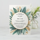 Nieuwe krans palmboom strand groen en gouden bruil kaart (Staand voorkant)