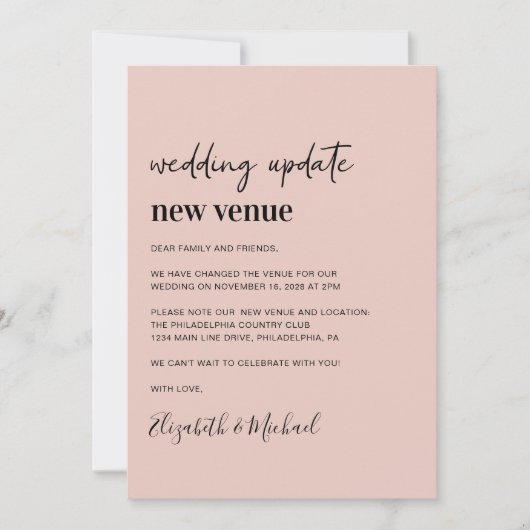 Nieuwe locatie Blush Roze Trouwupdate Aankondiging (Voorkant)