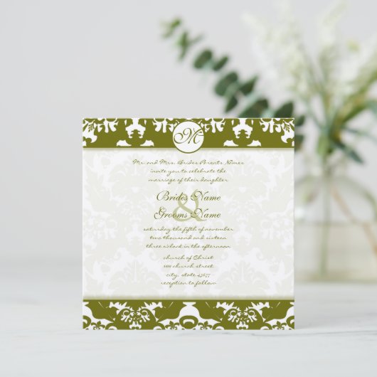 Nieuwe Maten Olive Damask Swirls Wedding Invitatio Kaart (Staand voorkant)