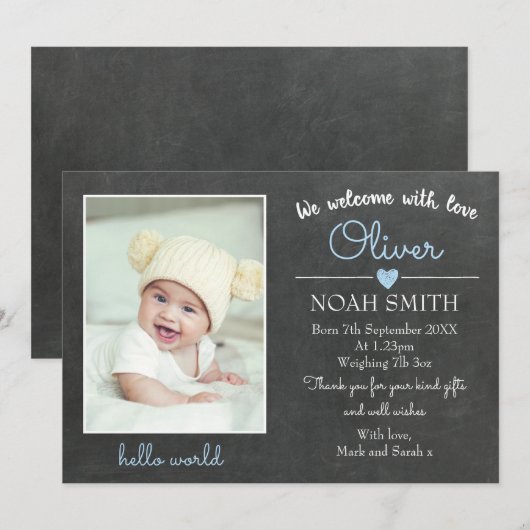 Nieuwe mededeling van de baby-jongen/bedankt uw ka aankondiging (Voorkant / Achterkant)