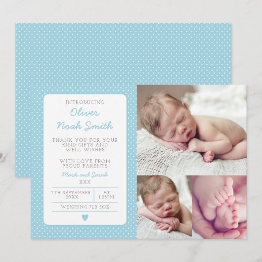 Nieuwe mededeling van de baby-jongen/bedankt uw ka bedankkaart (Voorkant / Achterkant)