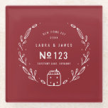 Nieuwe, met de hand getrokken flora glazen onderzetter<br><div class="desc">Een nieuw,  met de hand getekend bloemontwerp. Met ruimte voor de naam van de paren,  huisnummer,  adres en jaar. Een deel van een collectie. "achtergrondkleur kan worden gewijzigd</div>