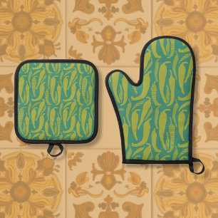 Nieuwe Mexico Hatch Green Chile Geïnspireerde Hand Ovenwant & Pannenlap Set