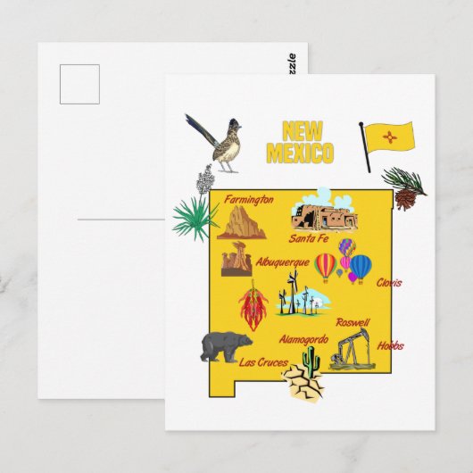 Nieuwe Mexico State Map met toeristische bestemmin Briefkaart (Voorkant / Achterkant)