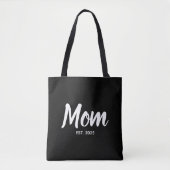 Nieuwe Moeder Gevestigde Datum Witte Script Tote Bag (Voorkant)