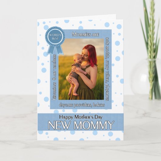 Nieuwe Moederdag foto van mama Blue Polka Dot Kaart (Voorkant)