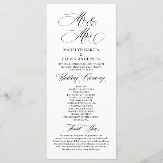 Nieuwe Mr. en Mrs., Classy Wedding Ceremonie Programmakaart (Voorkant)