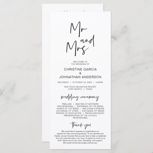 Nieuwe Mr en Mrs, Modern Minimalistisch Huwelijksp Programmakaart (Voorkant / Achterkant)