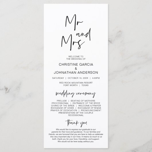 Nieuwe Mr en Mrs, Modern Minimalistisch Huwelijksp Programmakaart (Voorkant)