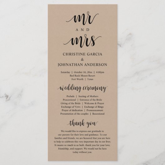 Nieuwe Mr. en Mrs., Modern Wedding Ceremonie, Kraf Programmakaart (Voorkant)