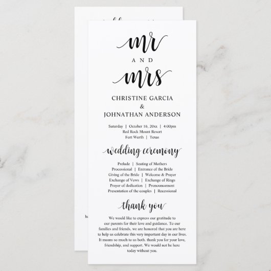 Nieuwe Mr en Mrs., Modern Wedding Ceremonie Programmakaart (Voorkant / Achterkant)