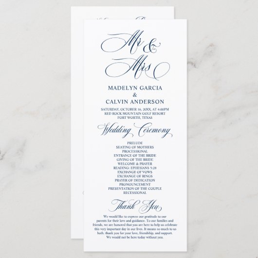 Nieuwe Mr. en Mrs., Navy Blue, Wedding Ceremony Pr Programmakaart (Voorkant / Achterkant)