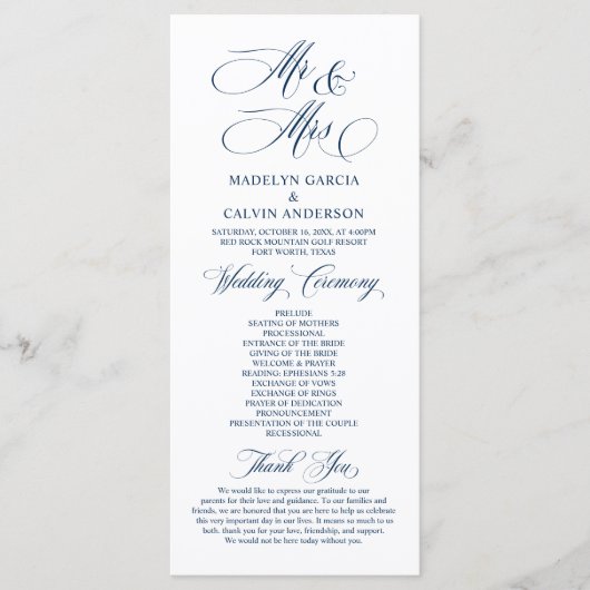 Nieuwe Mr. en Mrs., Navy Blue, Wedding Ceremony Pr Programmakaart (Voorkant)