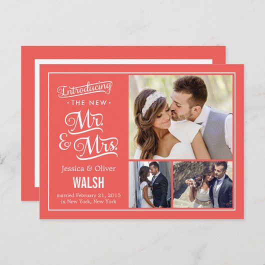 Nieuwe Mr. en Mrs. Wedding Aankondiging - Coral (Voorkant / Achterkant)