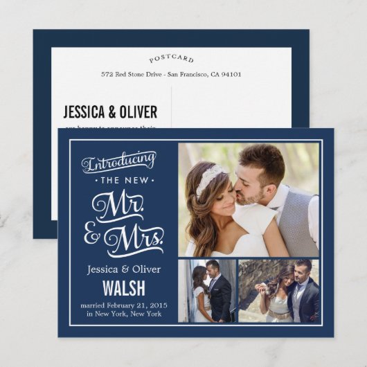 Nieuwe Mr. en Mrs. Wedding Aankondiging - Navy Blu (Voorkant / Achterkant)