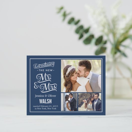 Nieuwe Mr. en Mrs. Wedding Aankondiging - Navy Blu (Staand voorkant)